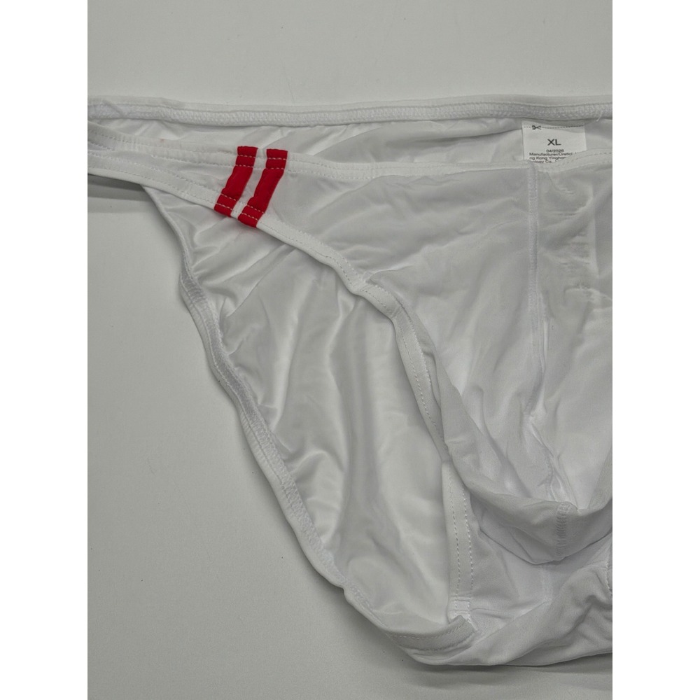 Mens White Low Rise Bikini Briefs Red Racing Stripe Pouch Underwear XL - Picture 2 of 4